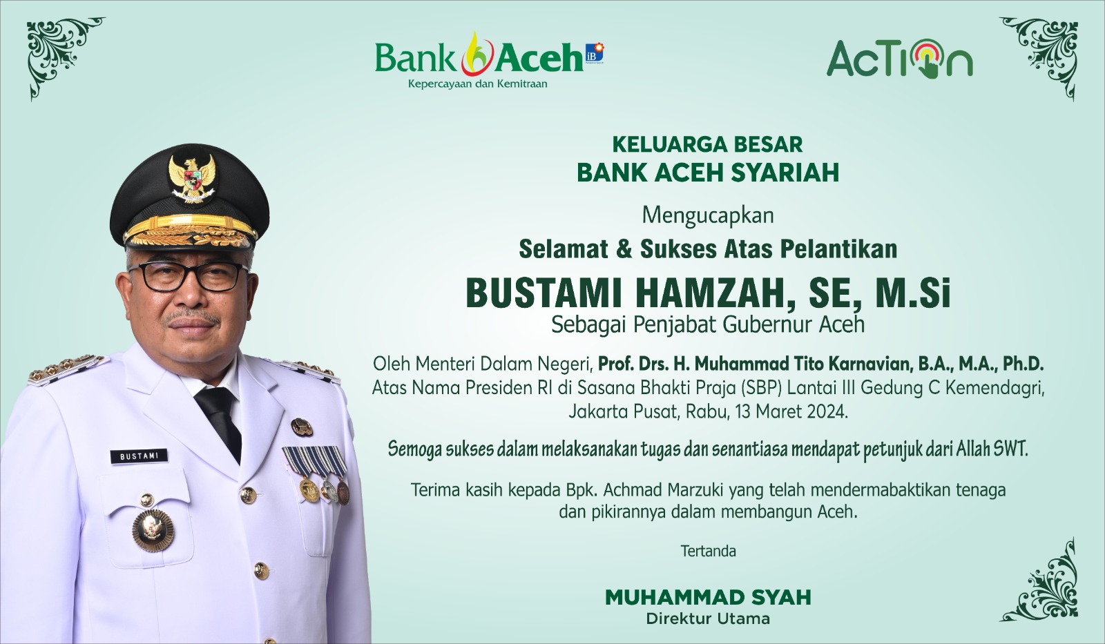 Iklan Ucapan Selamat & Sukses atas Pelantikan Bustami Hamzah sebagai Pj Gubernur Aceh