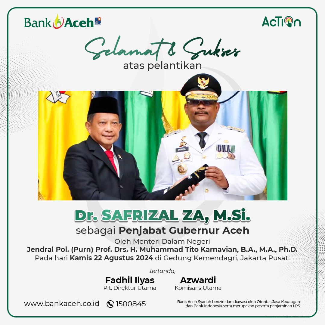 Selamat dan Sukses atas Pelantikan Dr. Safrizal, MA sebagai Pj. Gubernur Aceh